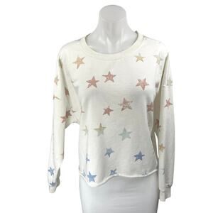 Z Supply White Star Print Long Sleeve Crew Neck Crop Sweatshirt Sweater Top Sz M